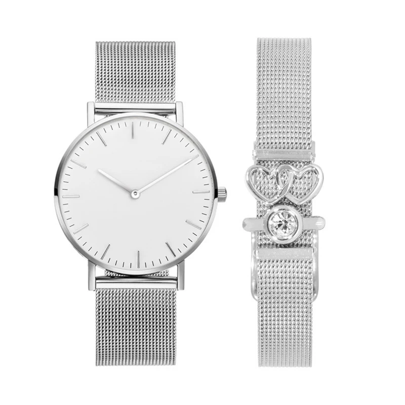 

Mavis Hare Story Mesh Bracelet Set with Heart & Crystal Silde Charms and Black Pink White Dial Women Watches