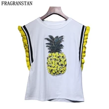 Для женщин новые летние хлопковая Футболка Повседневное Сладкий Тонкий трикотажные топы дамы элегантный о-образным вырезом ананас блестки Бисер футболки Y450