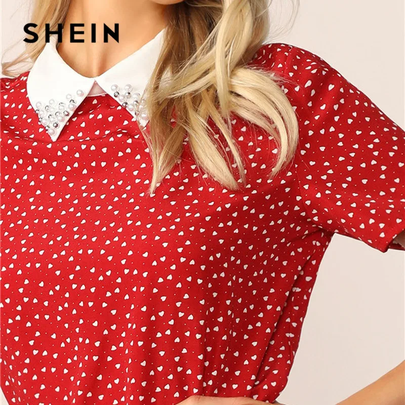 SHEIN женская красная футболка с контрастным воротником и принтом преппи