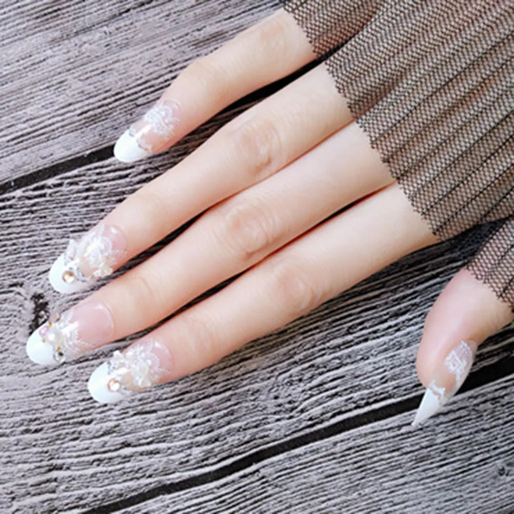 

24 Pcs/Set Women Lady 3D False Nails With Glue Transparent Lace Designed Full Wrapped Tips Wedding Bride Fake Nail 998