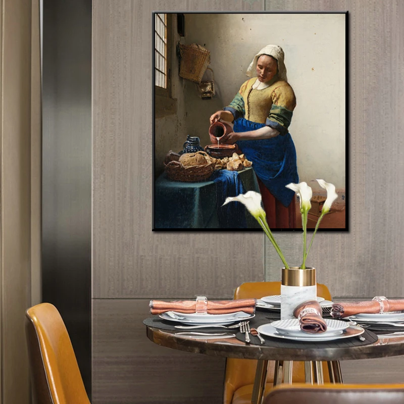 

Netherlands Artist Johannes Vermeer's The Milkmaid Poster and Prints Wall Art Canvas Pianting Decorative Picture for Living Room