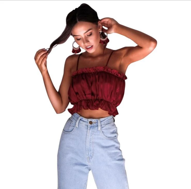 Summer women's T-shirt slim solid color round neck sleeveless vest strapless halter shirt sling crop top female | Женская одежда