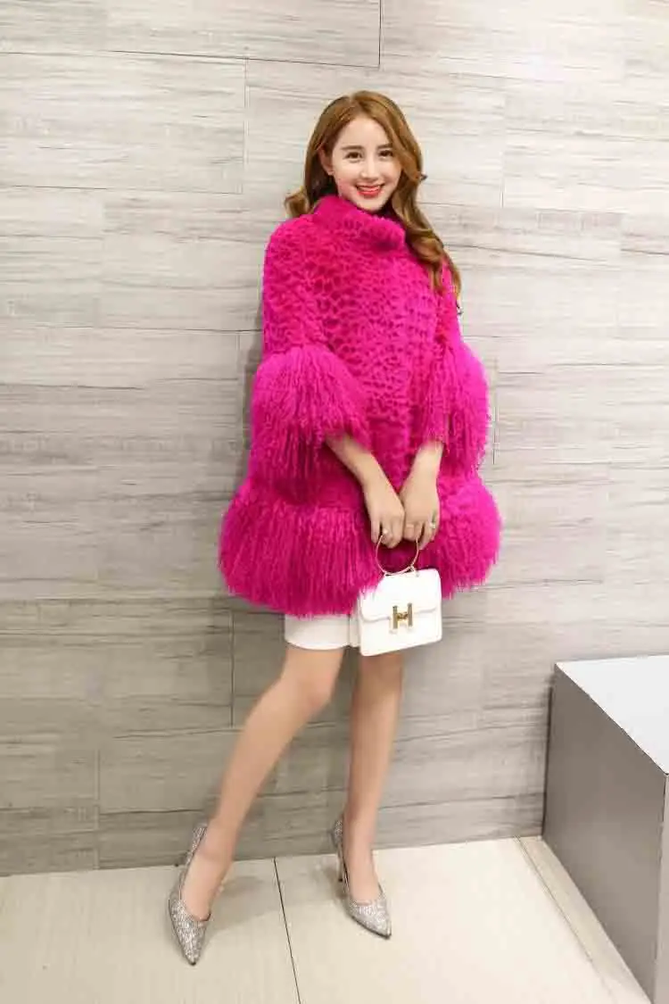 Discount Mandarin Collar Women Vintage 100% Real Rabbit Fur Coat with Mongolia Sheep Fur Sleeve and Bottom Outwear Customize tsr327 3