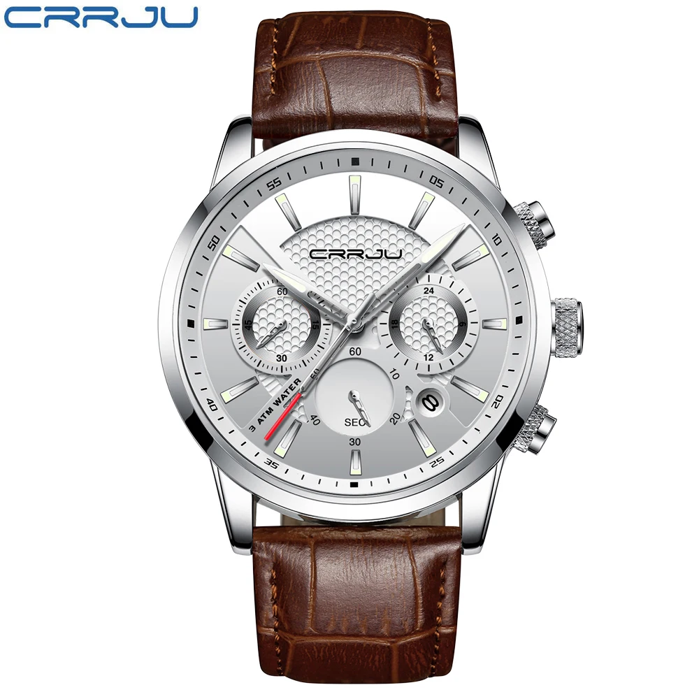 CRRJU Luxury Leather Wrist Watch Men Casual Chronograph Quartz Waterproof Watches Mens Top Brand Wristwatch Man Clock