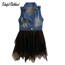 Летнее стильное платье принцессы для девочек; Новинка г.; джинсовое кружевное Сетчатое платье для девочек; весенняя одежда; милая детская одежда