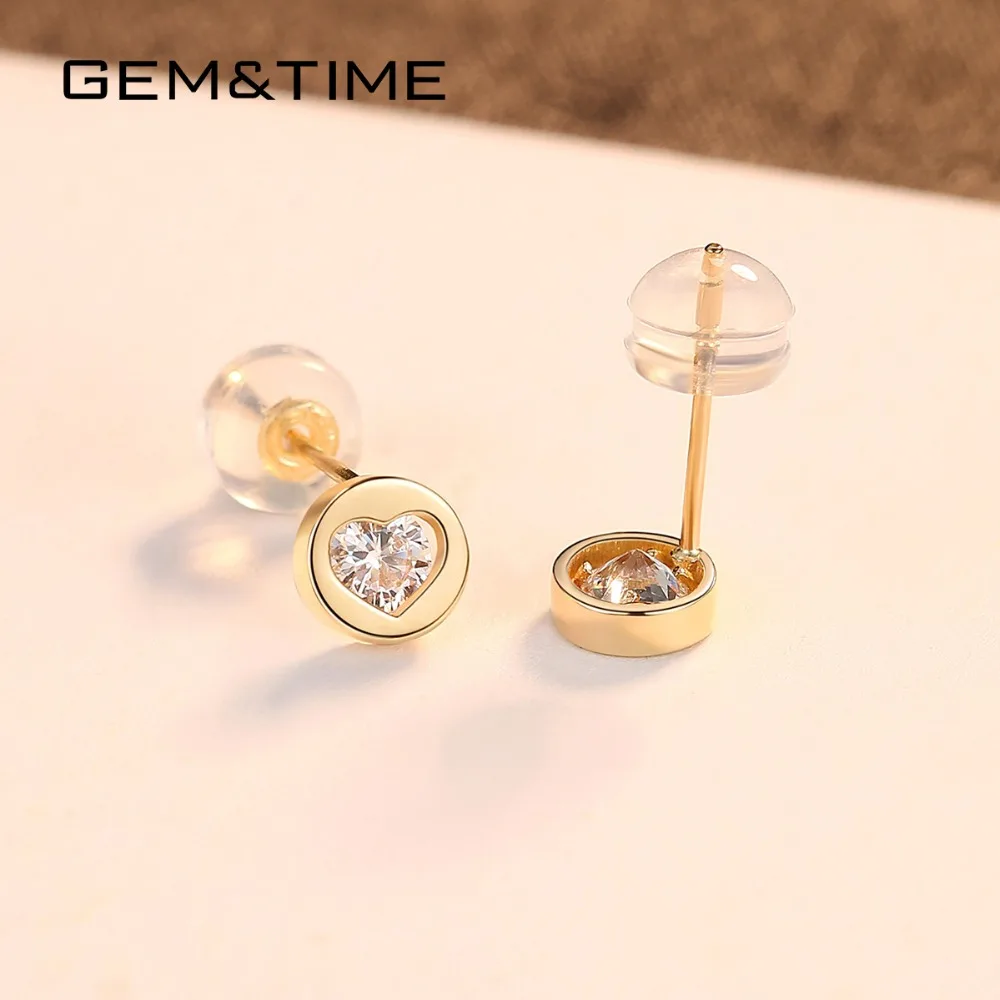 Gem& Time, круглое сердце, твердые, 14 к, золотые серьги-гвоздики для женщин, для свадьбы, помолвки, хорошее ювелирное изделие, желтое золото, Pendientes AU585 E14118