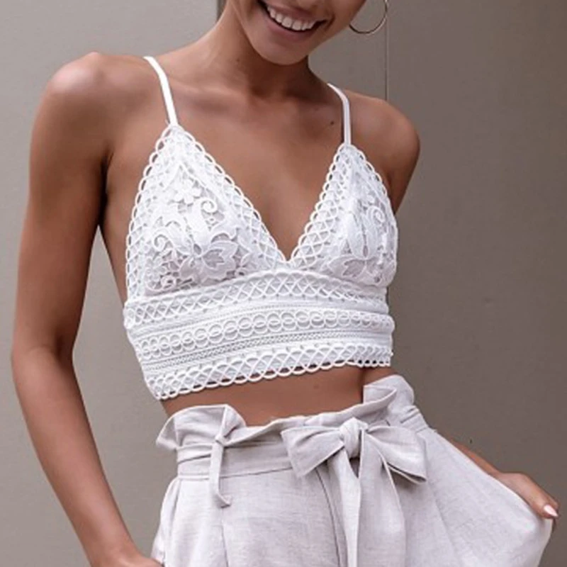 

2018 Sexy Spaghetti Straps Tank Top Cotton Crochet Deep V-shaped Neckline Backless Vest Crochet Crop Top Bralette Camis Camisole