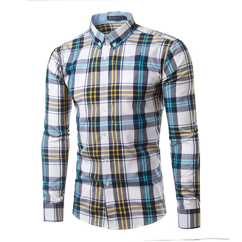 80% Cotton Mens Plaid Shirt 2017 New Mens Slim Fit Long