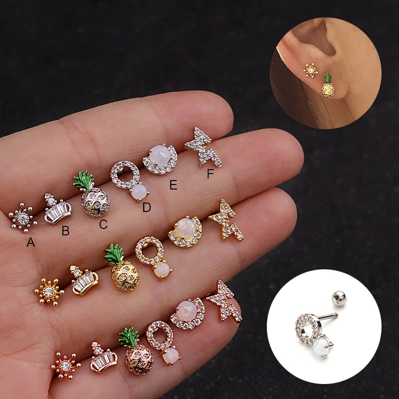 

Ear Piercing Jewelry 1PC 20G Stainless steel bar and Cz Cartilage Helix Tragus Conch Rook Pineapple Crown Ear Studs Rings