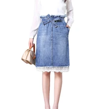 Плюс Размеры 7XL Для женщин Джинсовые юбки Высокая Талия Для женщин джинсовая юбка пояса лук Кружево подол более Размеры женский Юбки для женщин Faldas Saias cm2635