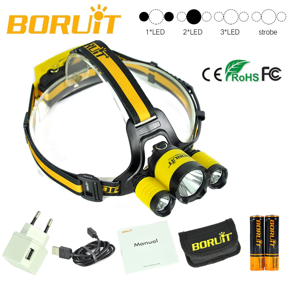 Налобный фонарь с микро usb BORUiT Модернизированный RJ 3000 Plus 3x XML T6 светодиодный