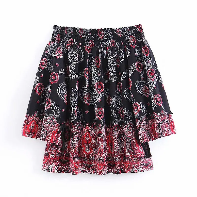 

Fashion Lady Chiffon Shirt Skirt Summer Loose Embroidery Indie Folk One Shoulder Skirt Womens Casual Mini Pleated Skirts