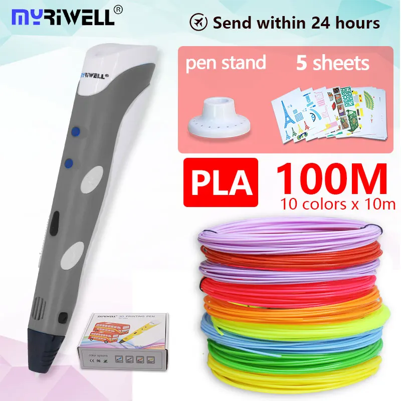 Myriwell 3d Ручка rp100a+ pla100m Филамент 1,75 мм 3d печатная ручка 3 d Ручка 3d ручки для детей художественные инструменты для рисования 3D Ручка abs пластик - Цвет: gray pla10color