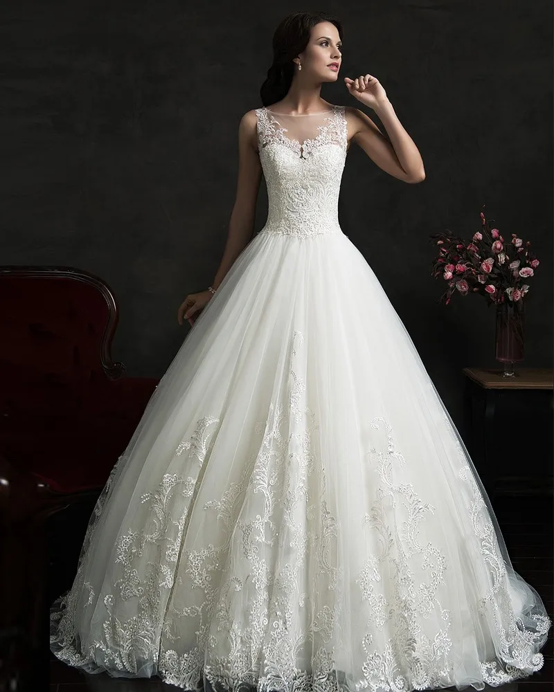 Тюль Аппликация Кружева Line Свадебные Платья Белый 2017 O шея Trouw Kledij Vestidos Де Novia