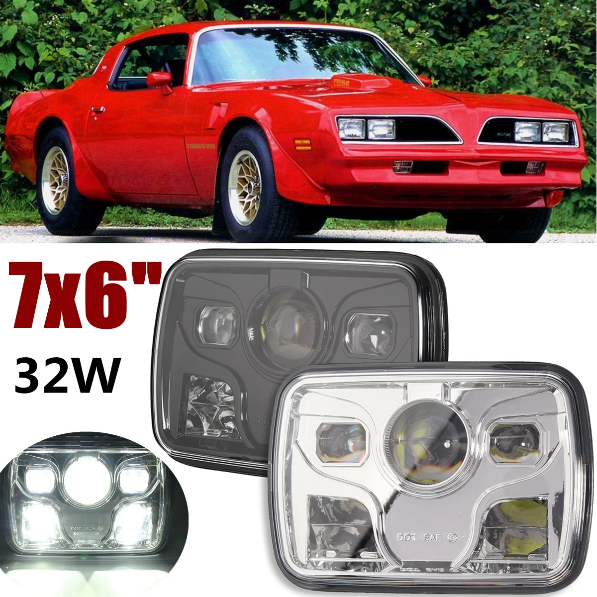 

7x6" LED DRL 32W for HID Bulbs High/Low Beam Front Headlight Headlamp Assembly Lens Rectangle For Nissan for Toyota