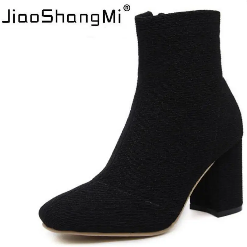 

2017 Autumn Winter Mid-calf Boots Woman High Heels Winter Boots Stretch Fabric Square Toe Basic Solid Fashion Winter Shoes Women