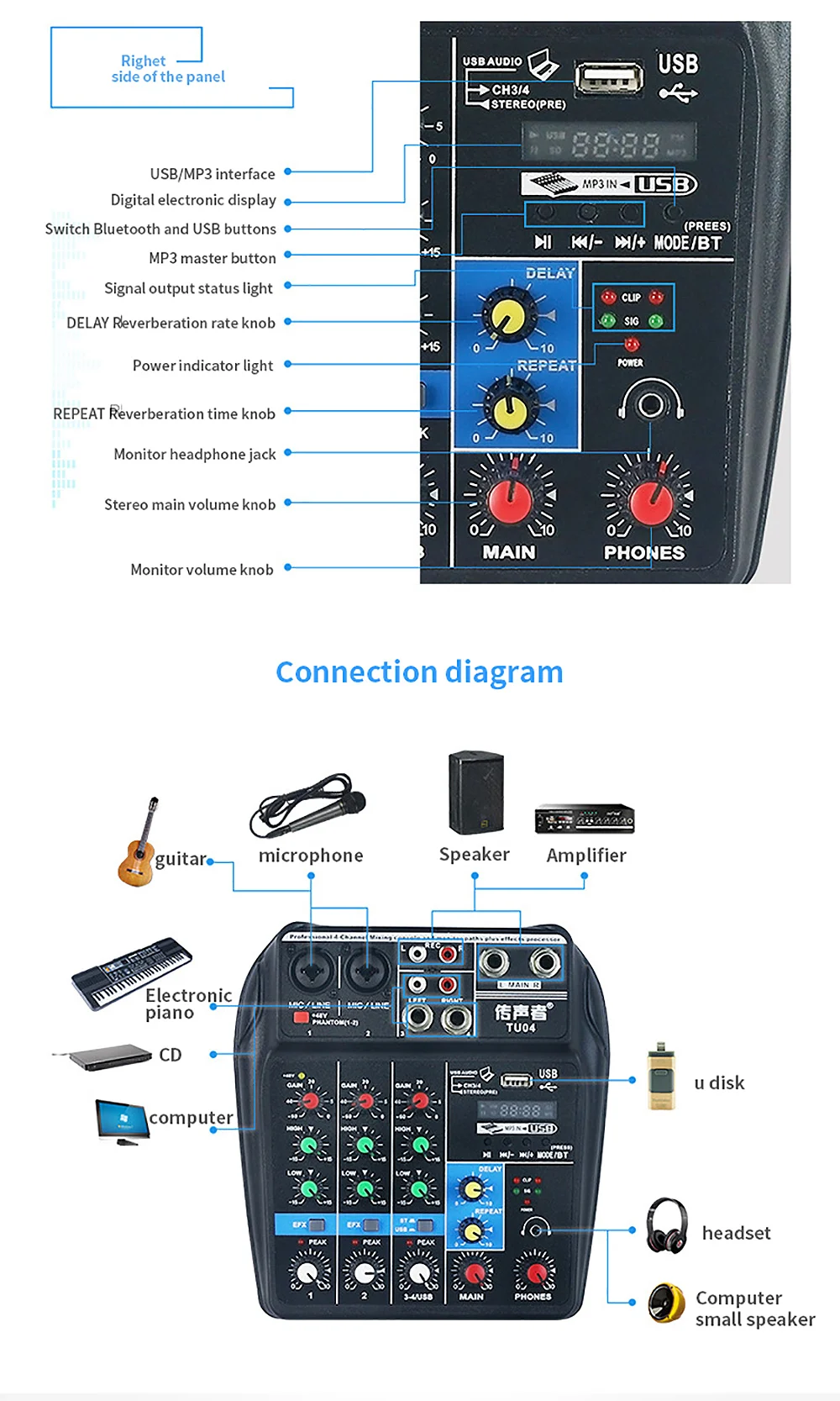 Микшер FELYBY TU04 с Bluetooth USB и функцией звуковой карты микшер для записи голосового радио