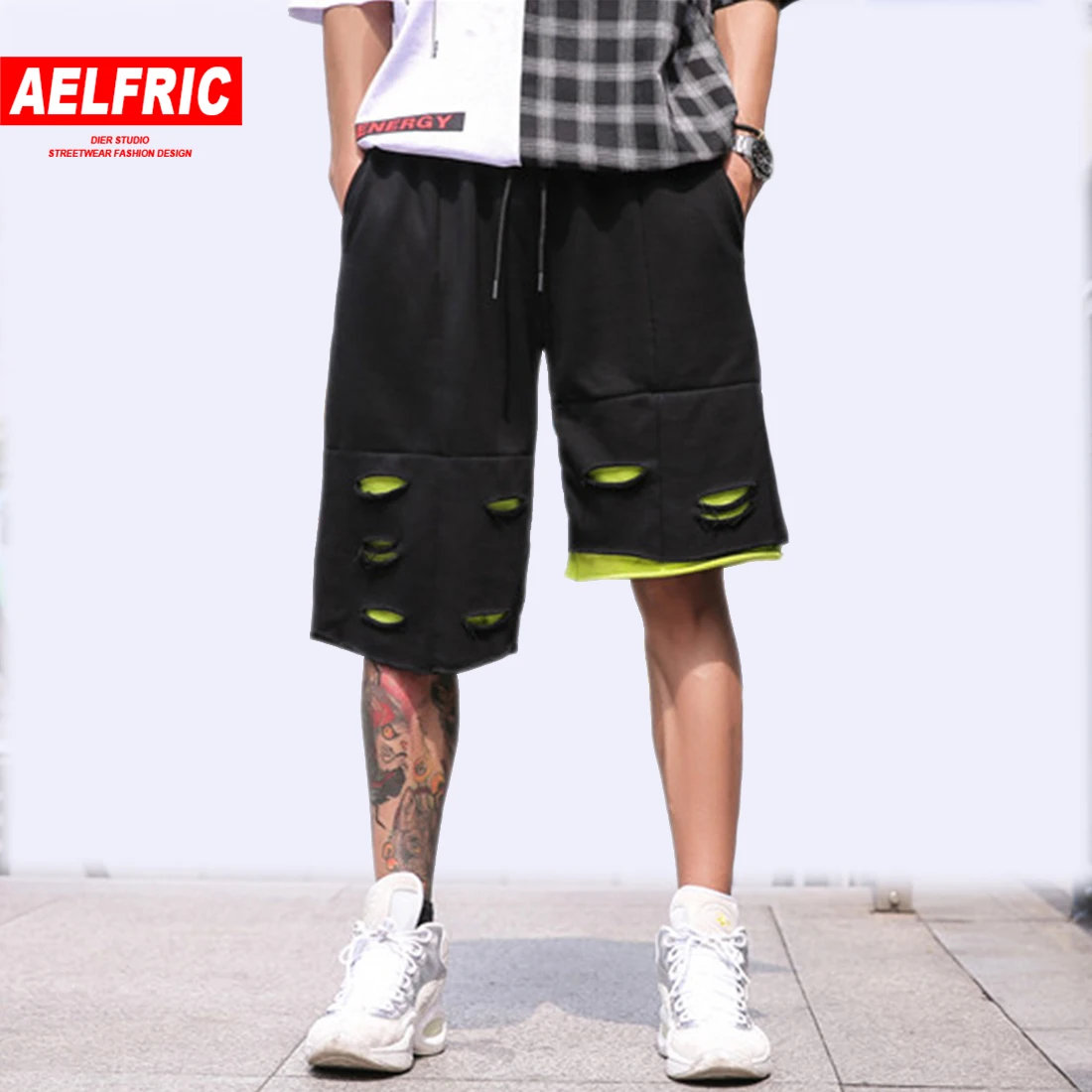 AELFRIC модные Лоскутные мужские повседневные шорты с дырками летние Harajuku уличная необычная длина негабаритных бегунов короткие тренировочные штаны