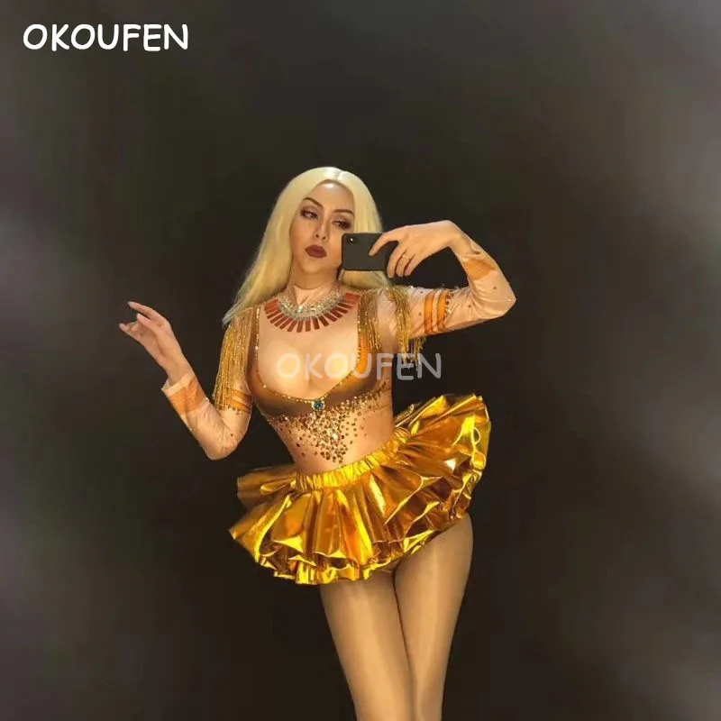 

Modern printing gold stretch short skirt Costumes nightclub female singer Dj Ds stage wear Party show dance outfit