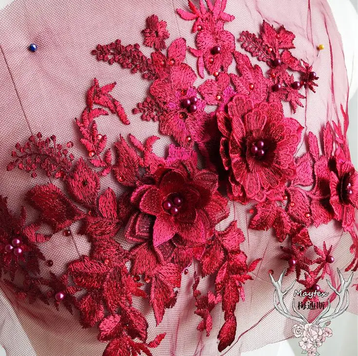 1 шт 36*27 см 3D цветок красочные сетки вышитые жемчугом бисером кружева аппликация с Стразы DIY кружевная ткань отделка
