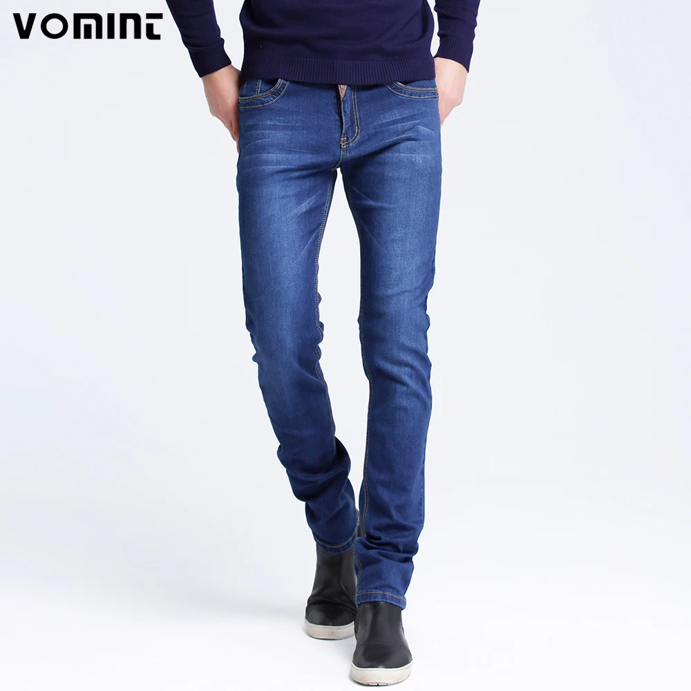 Vomint 2019 Men Jeans New Fashion Spliced Leather Casual Jeans Slim Straight High Elasticity Feet Jeans Long Trousers Hot Sell