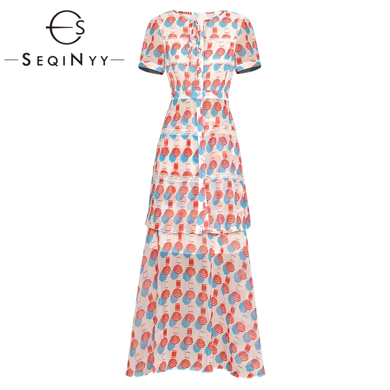 

SEQINYY Beach Chiffon Set 2020 Summer New Fashion Design Blue Red Printed Short Sleeve Slim Top + A-line Long Skirt Women Suit