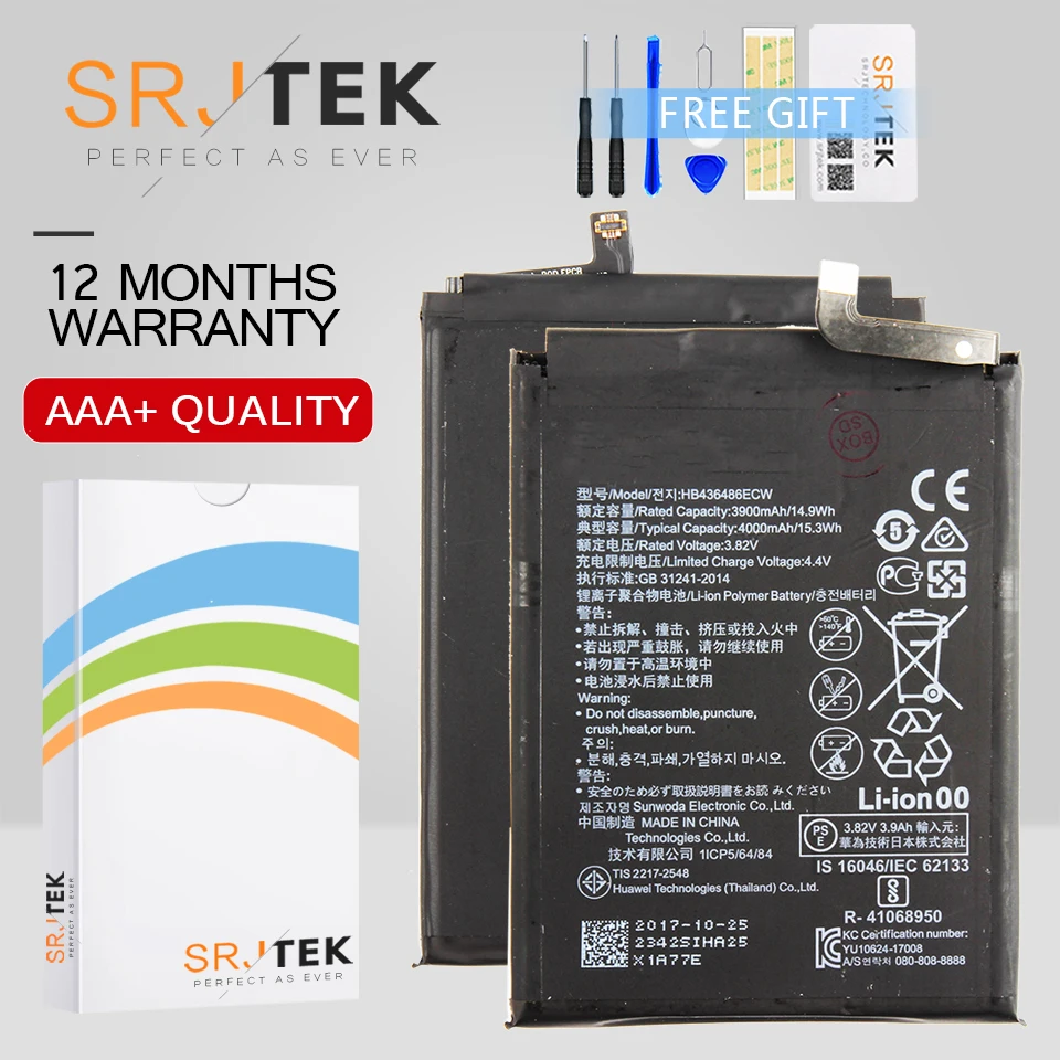 Srjtek For Huawei Mate 10 Pro Battery HB436486ECW 3900mAh For Huawei