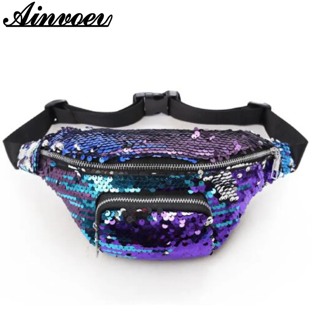 

Ainvoe 2018 New Arrival High Quality Double Color Sequins Waist Bag Money Phone Travel Handy Fanny Multi-function Waist Pack