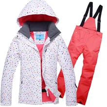 Женский лыжный костюм в горошек, ветрозащитная водонепроницаемая Спортивная одежда для отдыха на природе, катания на лыжах, сноуборде, куртка+ штаны, теплая одежда, костюм