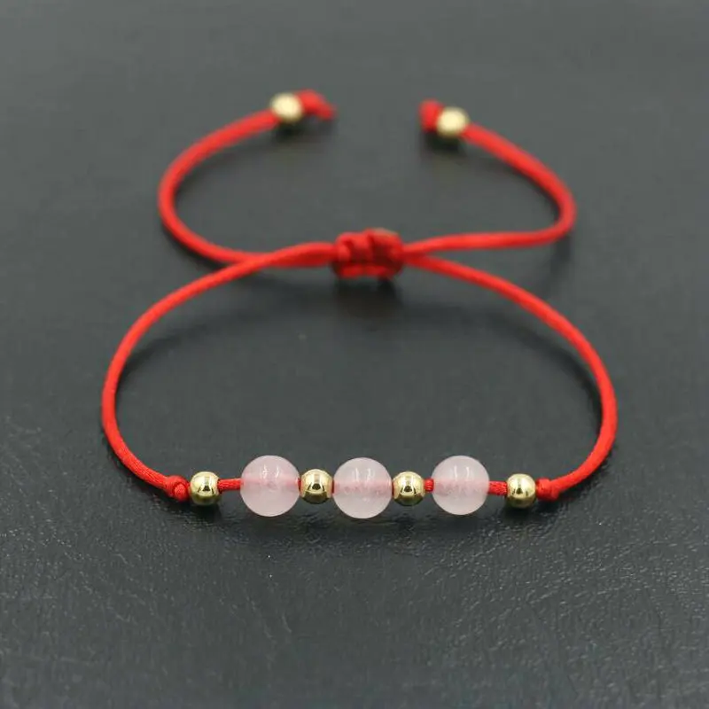 

BPPCCR Gold Color Copper Beads & 6mm Pink Quartz Stone Thin Red Rope Thread String Braided Bracelets Women Gifts Pulsears