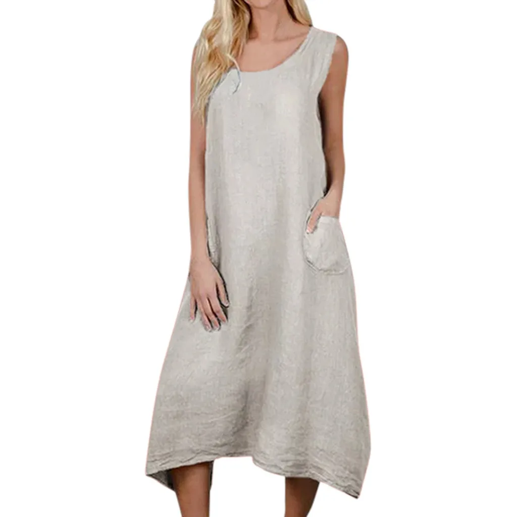 

Fashsiualy Women Casual Solid Sleeveless Dress Crew Neck Linen Dress With Pocket 2019 Summer Dress Vestidos