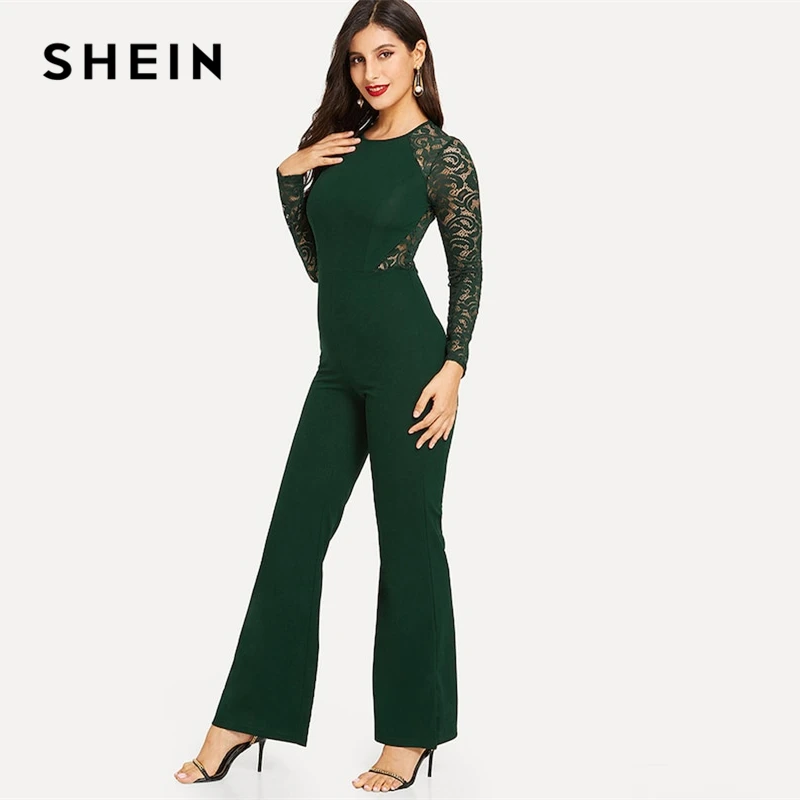 SHEIN Green Office Lady Lace Insert Raglan Sleeve Flare Hem Solid Long