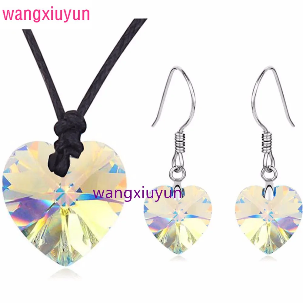 2017-new-rope-chain-Float-heart-charm-pendant-Austrian-Crystal-clear-pendant-drop-Jewelry-Sets-Necklace_