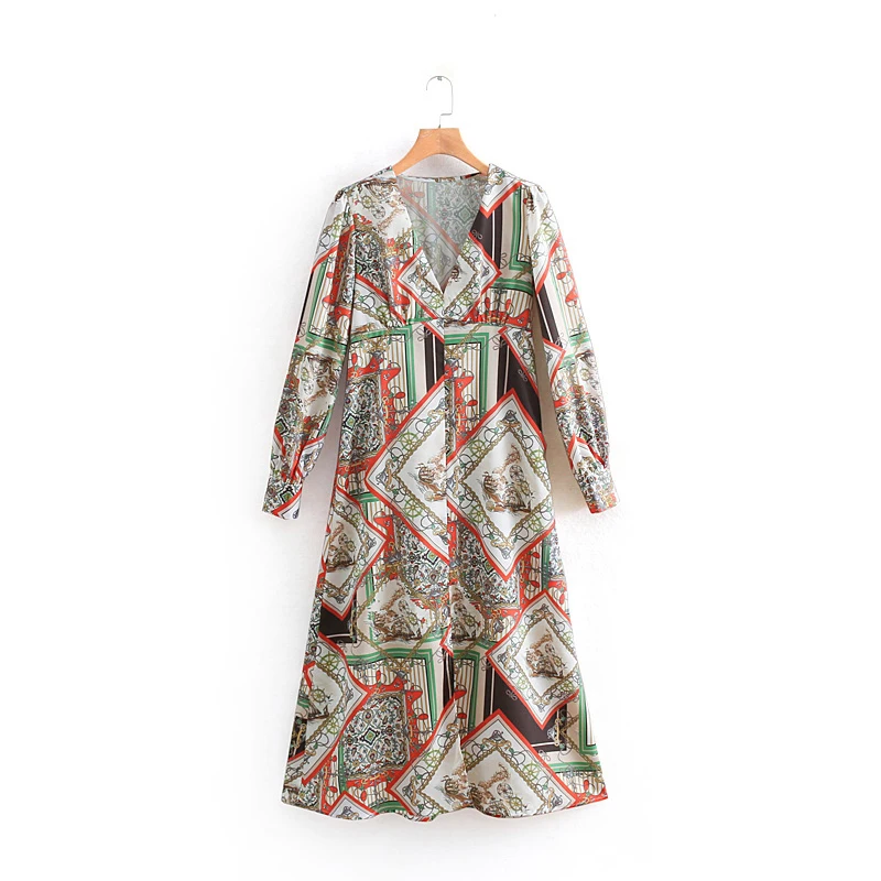 Women's Clothing Dress 2019 Polyester High Waist Type V-Neck Long Sleeve Print Dress Ms Summer Leisure Temperament Clothing