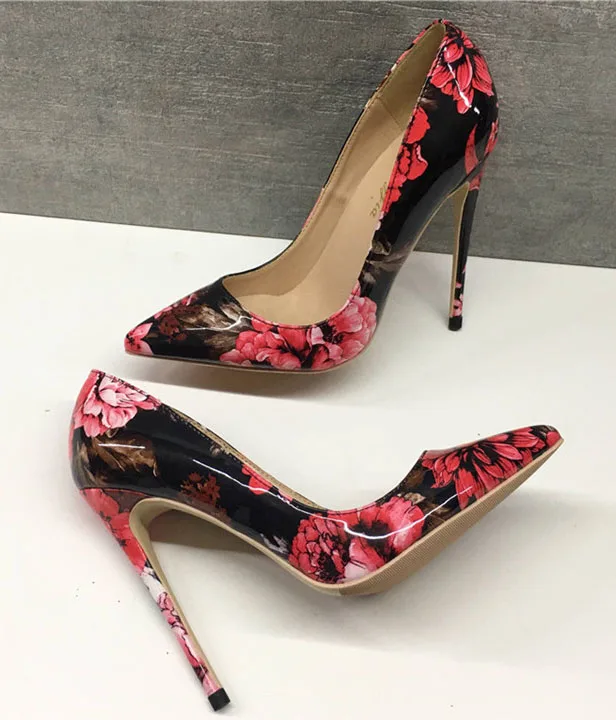 Vinapobo Для женщин Роза с цветочным узором, из лакированной кожи, насосы для печати обувь для вечеринок на высоком каблуке, острый носок цветочный Silettos каблуке с заостренным носком Свадебная обувь - Цвет: 12cm