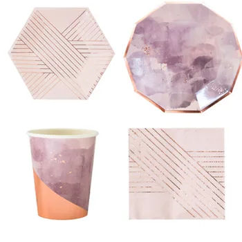 

Ink Pink Foil Party Supplies Disposable Tableware Striped Paper Plate Cups Napkins For Wedding Birthday Baptism Decor