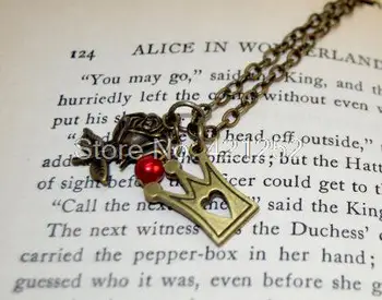 

20pcs Alice in Wonderland, Queen of Hearts Red Pearl, Rose and Crown Charm necklace in bronze