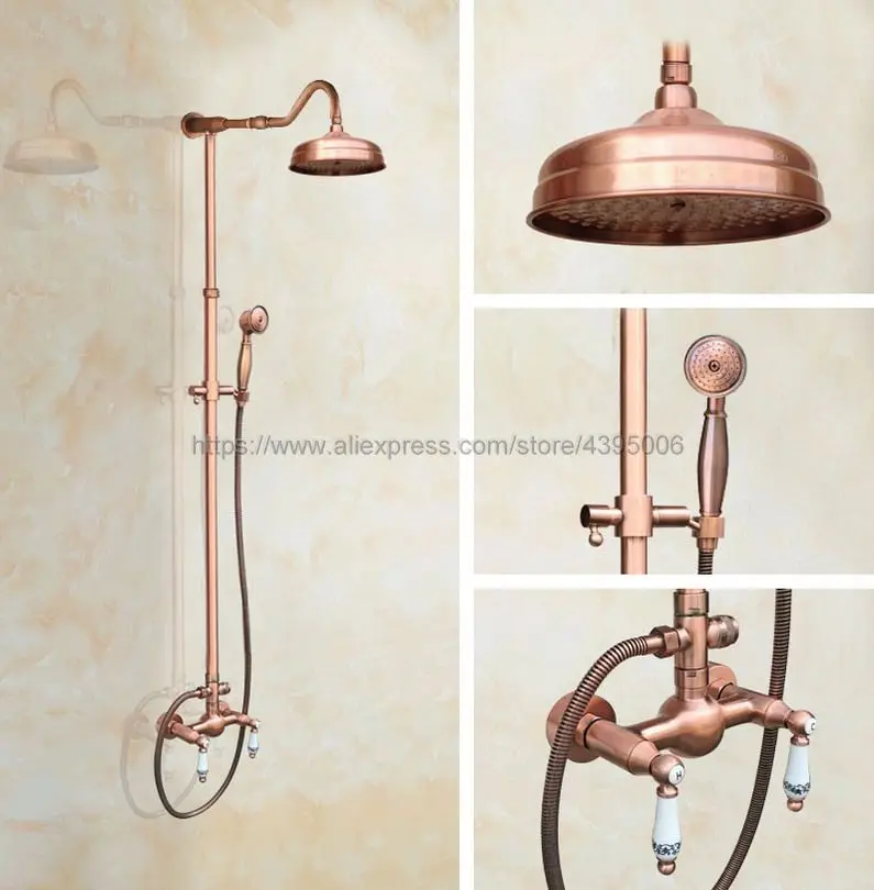

Antique Red Copper Wall Mount Shower Set Faucet Double Handle with Handshower Bathroom Shower Mixer Tap Brg620