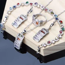 Красочные Ювелирные наборы из кубического циркония, модный серебряный 925 Ювелирный браслет, кольцо, серьги, ожерелье, набор, свадебный подарок для женщин