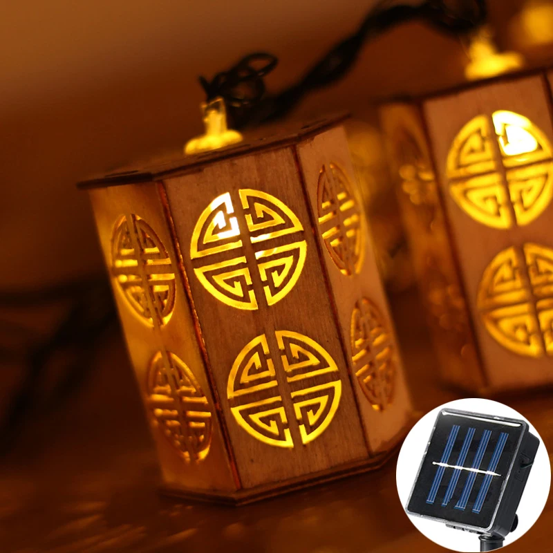 

20Led Fairy Retro Chinese Style Wooden Lantern Solar String Lights 5M LED Decoration For Christmas Garland New Year gerlyanda