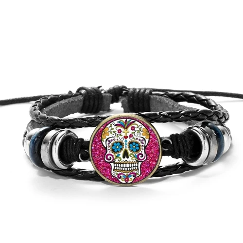SONGDA день смерти мексиканский милый череп браслет Творческий книги по искусству цветок череп живопись кулон ручной работы панк тканые кожаный браслет - Окраска металла: Style 10