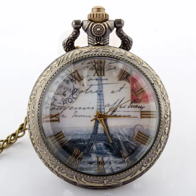 Unique Bronze Eiffel Tower Rome Numbers Quartz Pocket Watch Necklace 556 Pendant Unique Bronze Eiffel Tower Rome Numbers Quartz Pocket Watch Necklace 556 Pendant