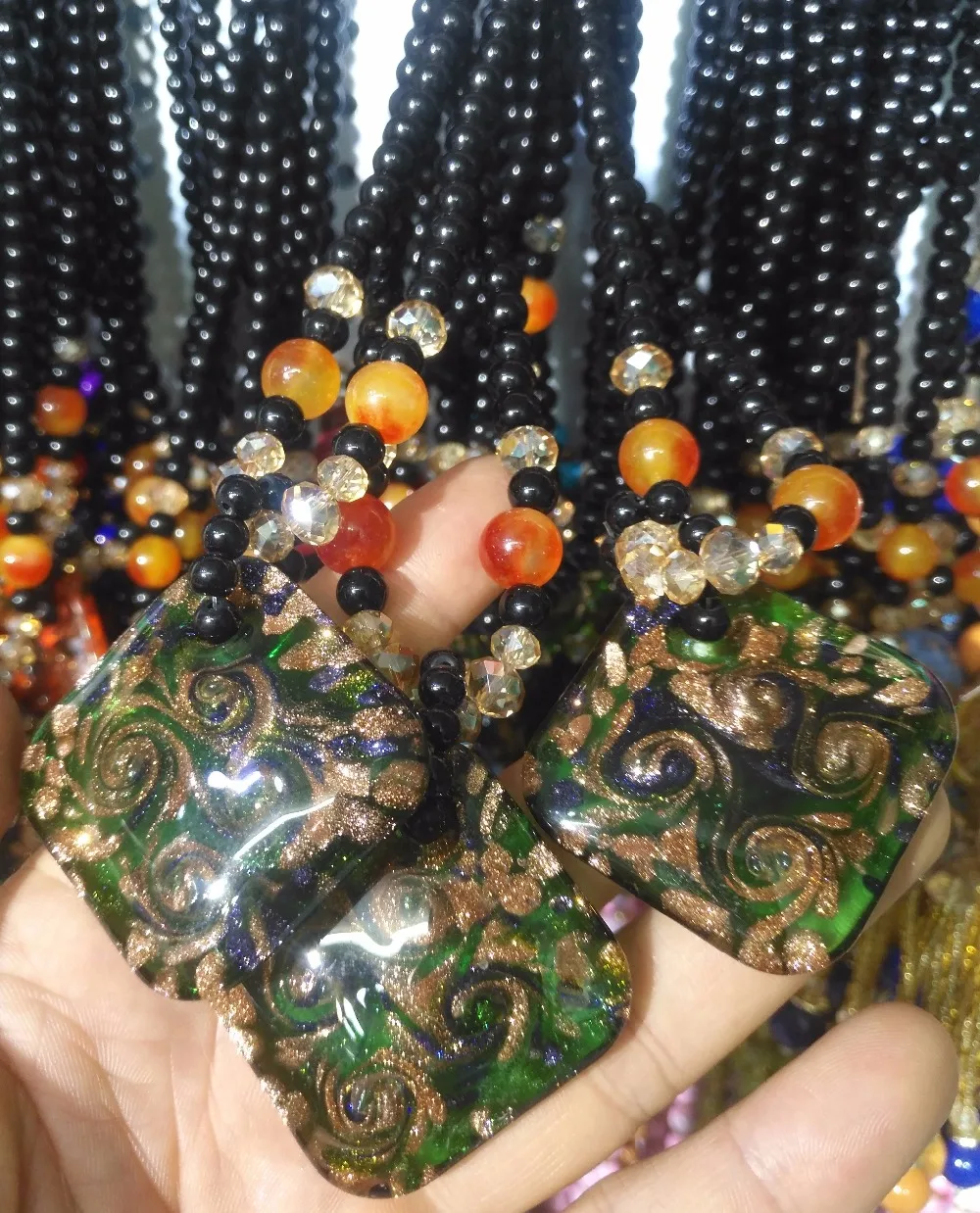 Ручной работы Стекло хрустальные бусины Lampwork Золото Квадратный Кулон Цепочки и