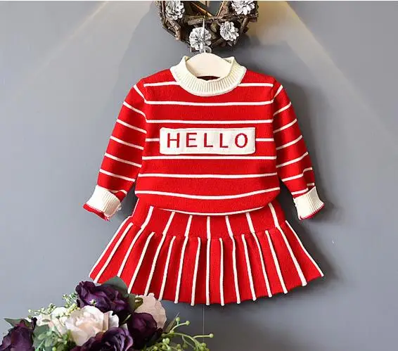 Children Girls Sets 2018 New Autumn Red Striped Knitted Suits Long Sleeve Strip Sweater+Skit 2Pcs Kids Suits For 3-7Y Children Girls Sets 2018 New Autumn Red Striped Knitted Suits Long Sleeve Strip Sweater+Skit 2Pcs Kids Suits For 3-7Y
