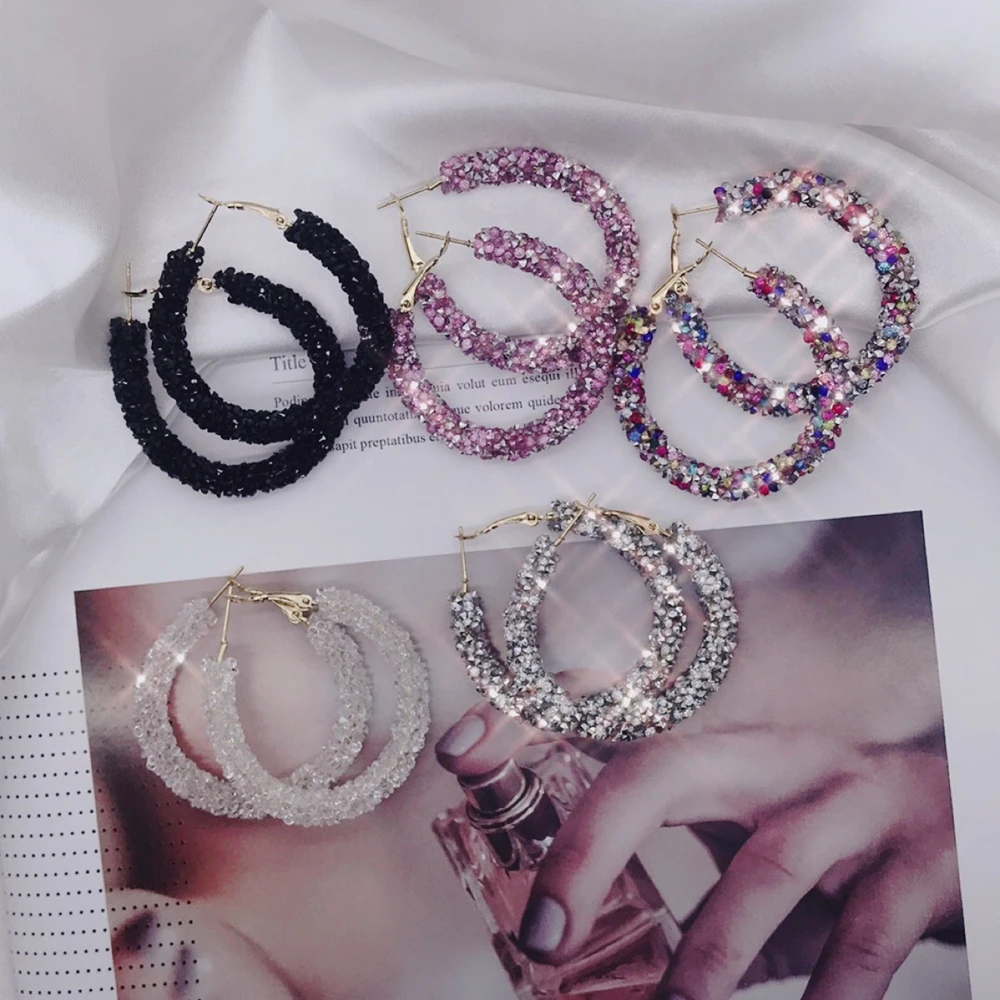 

2019 New Design Colorful Fashion Charm Crystal Hoop Earrings Geometric Round Shiny Rhinestone Big Earring Jewelry Women