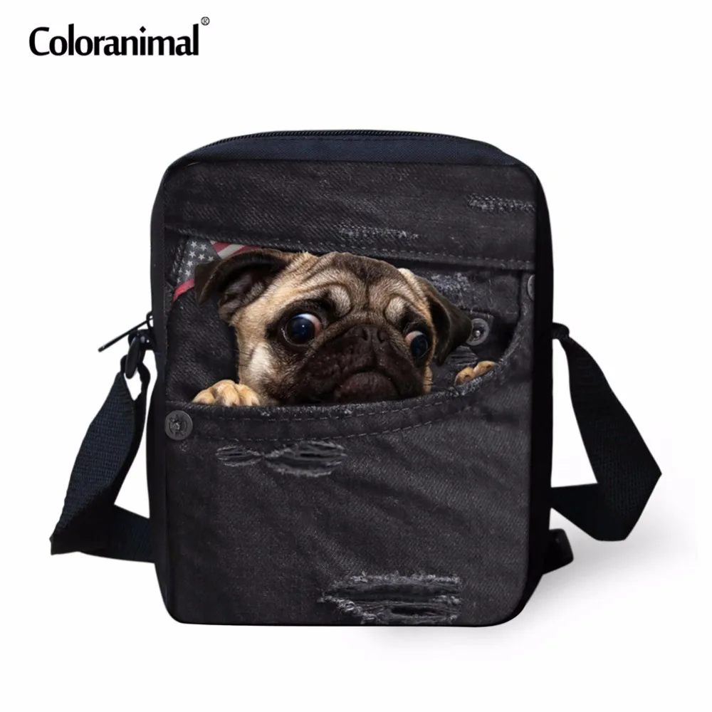 Us 7 99 20 Off Coloranimal Women Small Messenger Bags Cute Dog Pug Shoulder Black Denim Printed Crossbody Kids S Mini School In