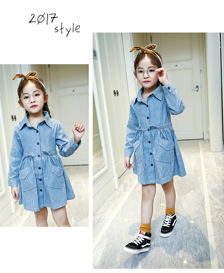 Baby Dress Girls Children's Toddler Girls  College style leisure Washed denim Long sleeve Collect waist stripe shirtdress for 3-14Y kids clothing (8)