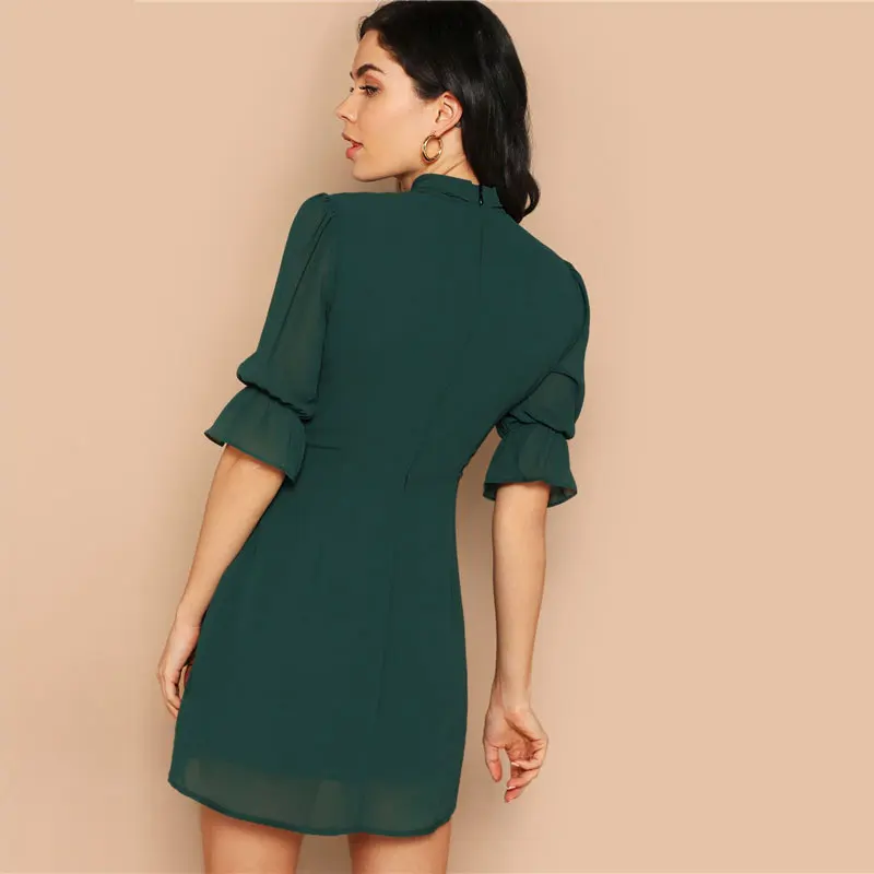 SHEIN женское зеленое элегантное мини-платье с завязками на шее и стоячим воротником с рукавами-воланами весеннее однотонное платье трапециевидной формы с рукавом до локтя и оборками