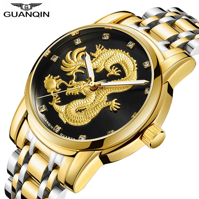 

GUANQIN watch men gold Dragon men's watches top brand luxury waterproof Quartz Wristwatches 316L Full Steel relogio masculino
