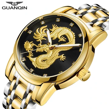 

GUANQIN watch men gold Dragon men's watches top brand luxury waterproof Quartz Wristwatches 316L Full Steel relogio masculino